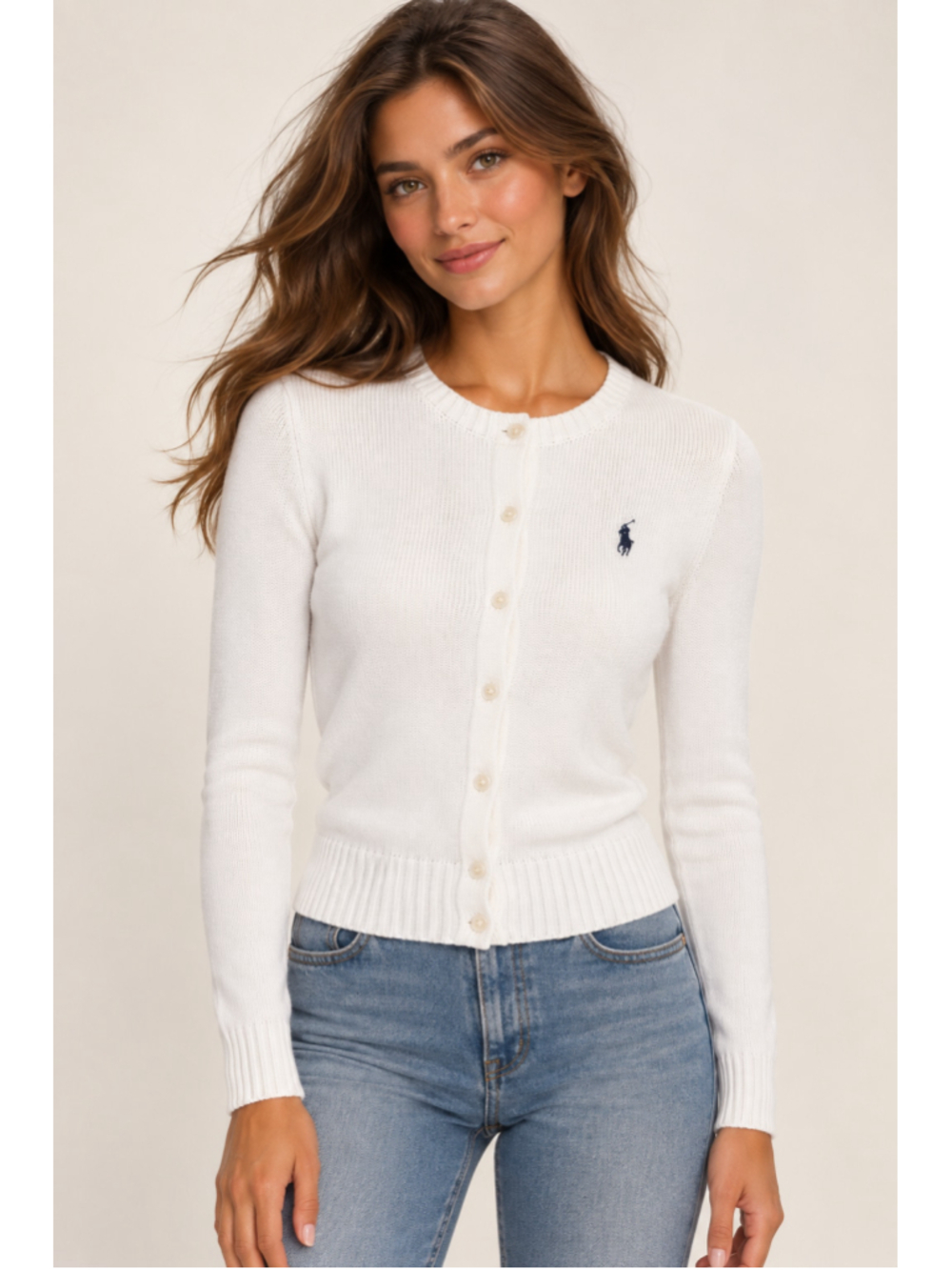 Vintage Ralph Lauren Sport White Cotton Knit Pony Cardigan Preppy Y2K 90s Boho S